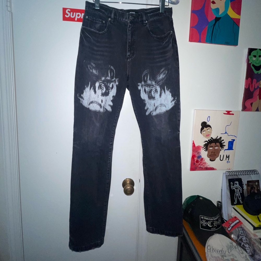welldone denim Jean white bunny screen printed on both pant legs